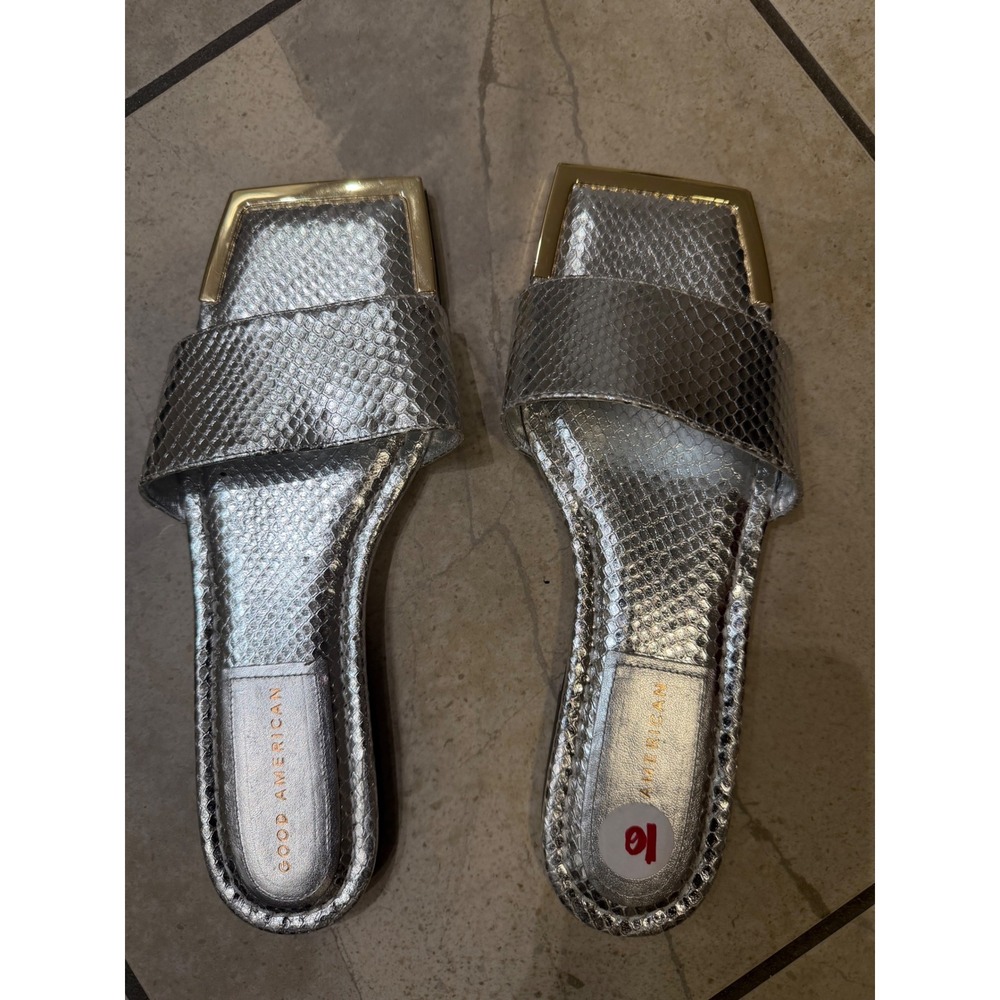 Good American Silver Snakeskin Square Toe Slide Sandals Gold Tip Size 9 Spain